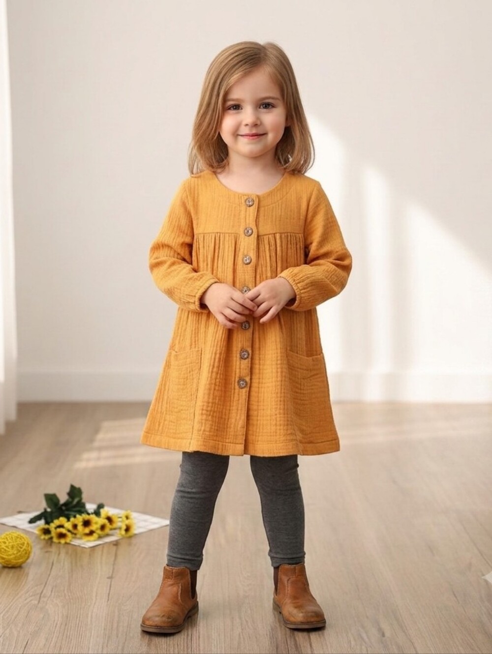 Boho Girl Mustard Yellow Muslin Cotton Long Sleeve Dress Pocket Button-Up 6-7Y